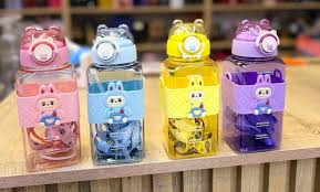 quare-shaped kids' water bottle with a cute bunny character design 600ml